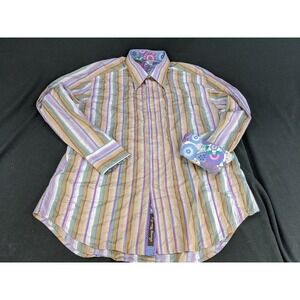 Robert Graham Flip Cuff Striped Floral Abstract Colorful Casual Dress Shirt Sz L